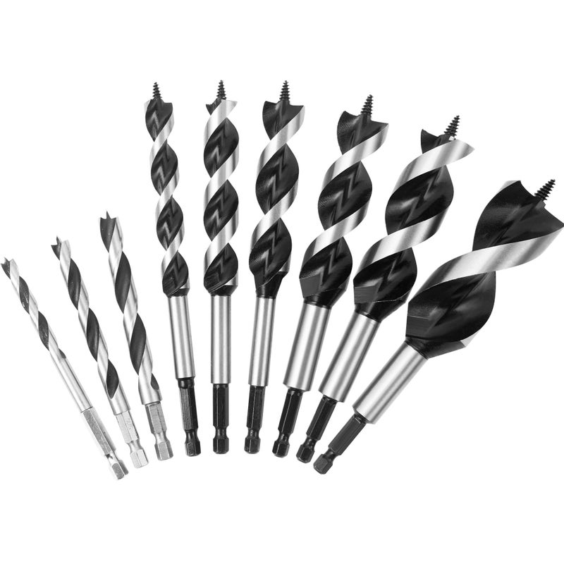 KENDO 9Pcs Auger Drill Bit for Wood Set, 2 Flute Impact Wood Drill Bit with Quick Change Hex Shank, Including 1/4", 5/16", 3/8", 1/2", 5/8", 3/4", 7/8", 1" and 1-1/4" Size for Hardwood and Softwood - Image 1