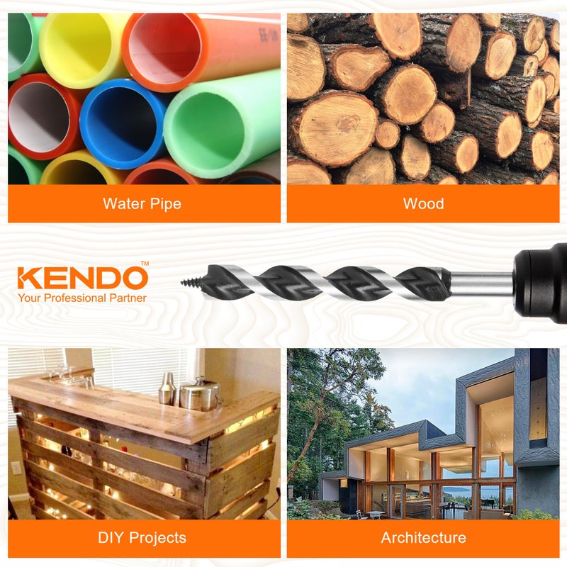 KENDO 9Pcs Auger Drill Bit for Wood Set, 2 Flute Impact Wood Drill Bit with Quick Change Hex Shank, Including 1/4", 5/16", 3/8", 1/2", 5/8", 3/4", 7/8", 1" and 1-1/4" Size for Hardwood and Softwood - Image 5