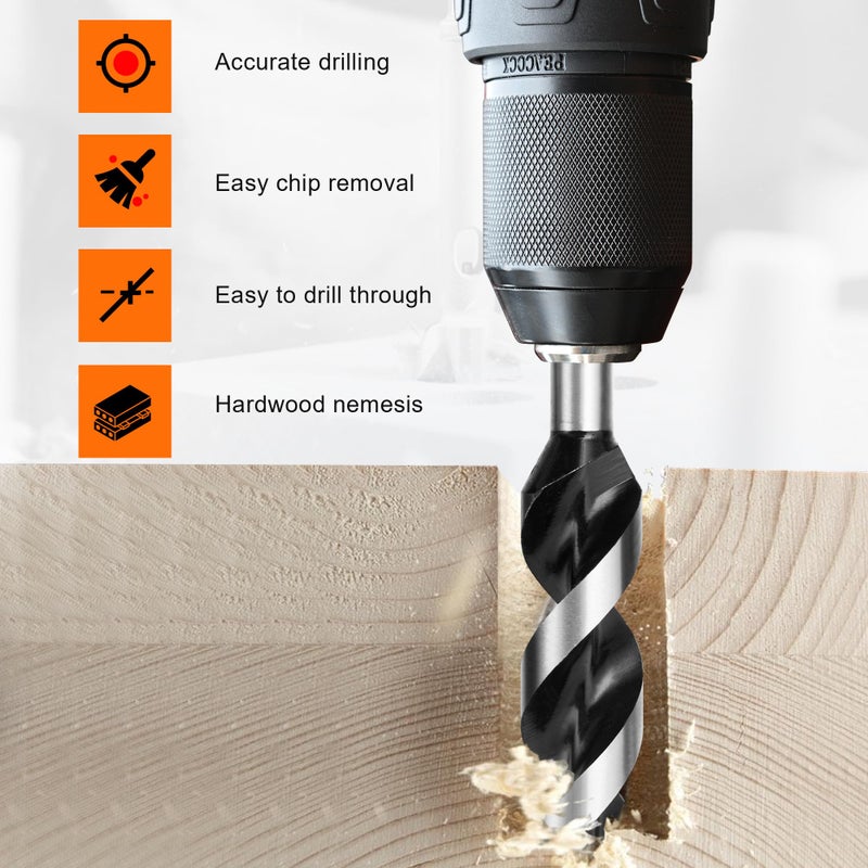 KENDO 9Pcs Auger Drill Bit for Wood Set, 2 Flute Impact Wood Drill Bit with Quick Change Hex Shank, Including 1/4", 5/16", 3/8", 1/2", 5/8", 3/4", 7/8", 1" and 1-1/4" Size for Hardwood and Softwood - Image 3