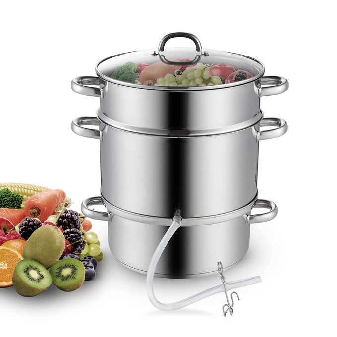 CANNING JUICE STEAMER EXTRACTOR FRUIT VEGETABLES FOR MAKING JELLY SAUCES 11QUART STAINLESS STEEL MULTIPOT WITH GLASS LID CLAMP 2PCS HOSE