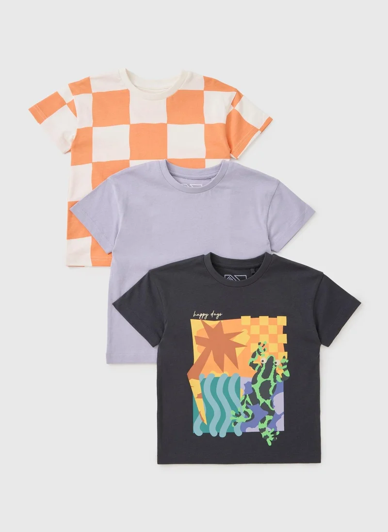 Matalan 3 Pack Boys Multicolour Checkerboard Frog T-Shirts