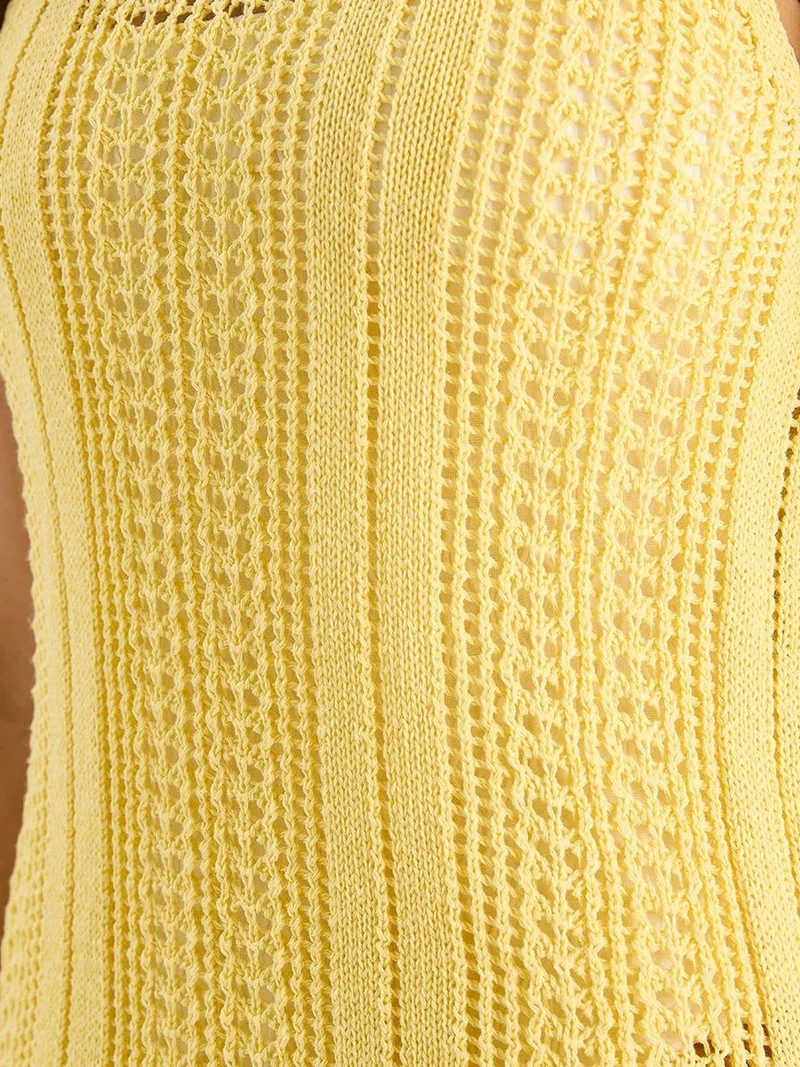 Bianco Lucci Amber Yellow LUCCI Textured Knitwear Transparent Mini Dress for Women | Best Price UAE