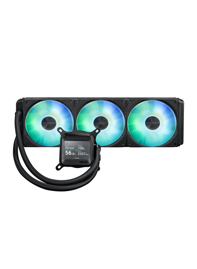 ASUS Prime LC 360 ARGB LCD 360mm AIO Liquid CPU Cooler - 2.3" LCD Display, Asetek Pump (800-3600 RPM), 3 x 120mm ARGB Fans, PWM/DC Control, Aura Sync, AMD AM5/AM4, Intel LGA 1851/1700/1200/115X, Reinforced Sleeved Tubing, Black | 90RC00Z1-B0EAY0 - Image 1