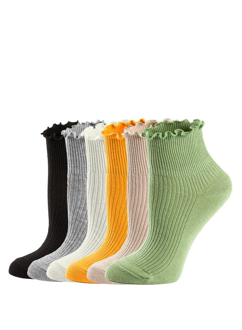 SYOSI 6 Pack Women's Cotton Socks Ruffle Turn-Cuff Casual Ankle Socks Cool Thin Cotton Knit Lettuce - Image 1