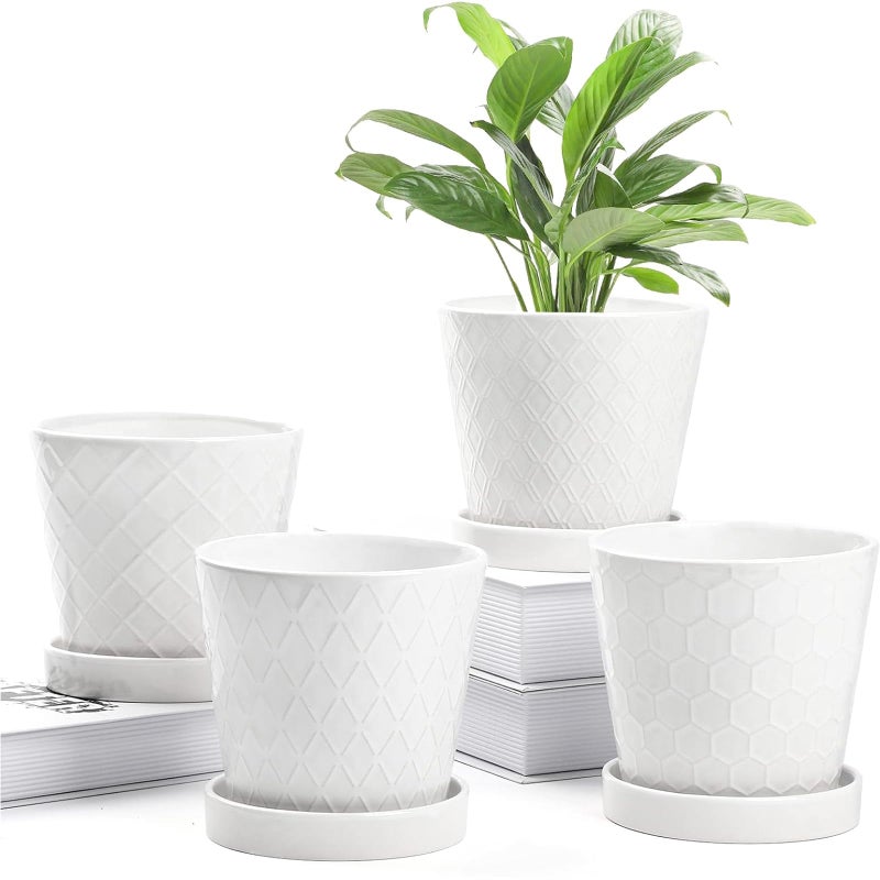 BUYMAX Plant Pots Indoor 5 inch Ceramic Flower Pot with Drainage Hole and Ceramic Tray  Gardening Home Desktop Office Windowsill Decoration Gift Set of 4  Plants NOT Included White