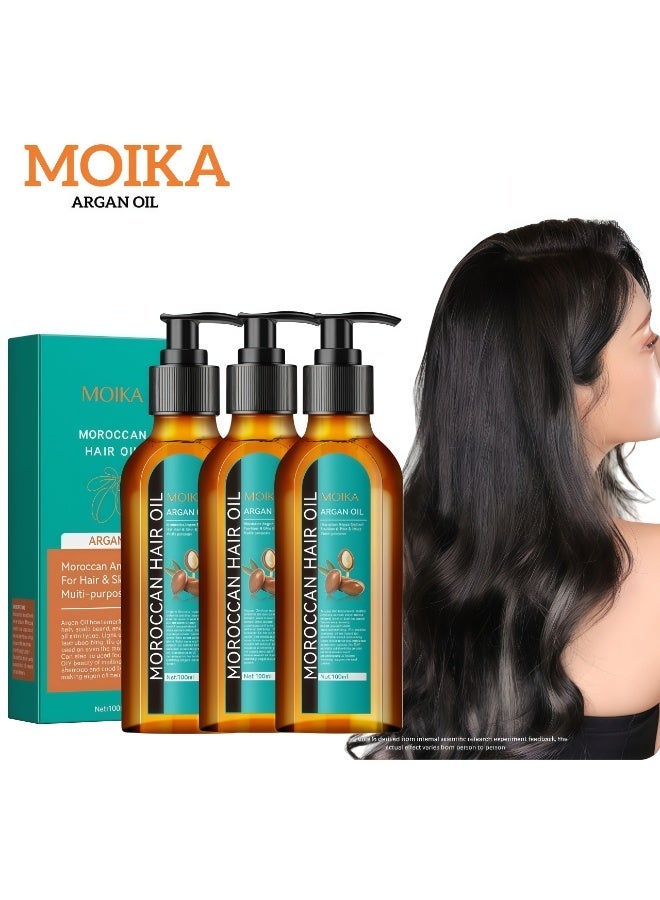 MOIKA 3-Pack Moroccan Hair Oil Argan Oil Moroccan Argan Extract For Hai u0026Skin u0026Body Multi-Purpose , Rosemary Argan Oil Hair Care Oil, suitable for nourishing hair roots, moisturizing, locking moisture and improving frizz - 100ml*3 - Image 1