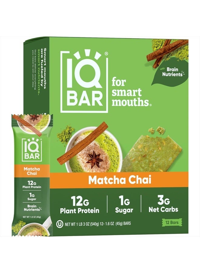 IQBAR Brain and Body Plant Protein Bars - Matcha Chai - 12 Count, Low Carb, High Fiber, Gluten Free, Healthy Vegan Snacks - Low Sugar Keto Bar Pack  - Image 1
