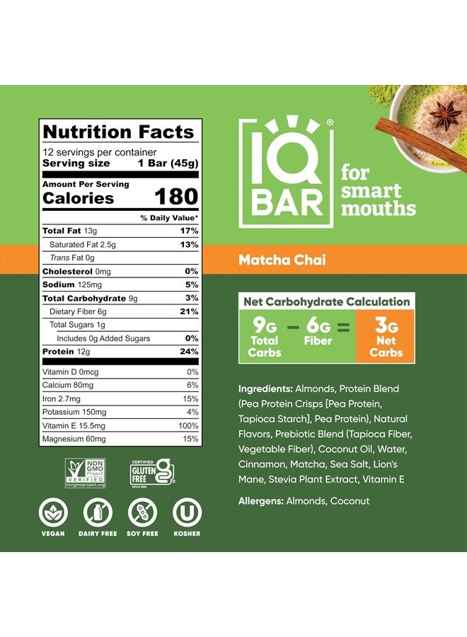 IQBAR Brain and Body Plant Protein Bars - Matcha Chai - 12 Count, Low Carb, High Fiber, Gluten Free, Healthy Vegan Snacks - Low Sugar Keto Bar Pack  - Image 4