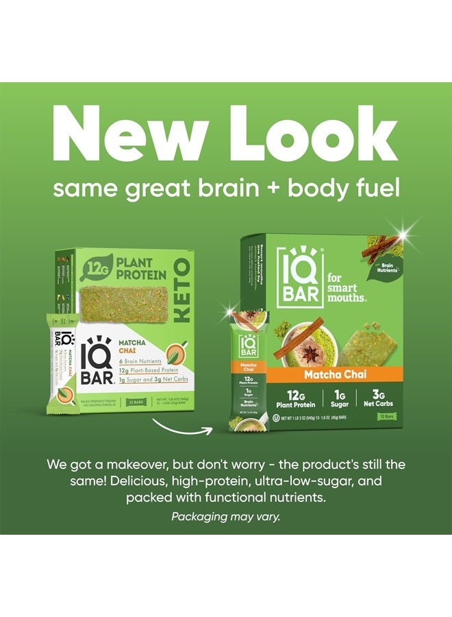 IQBAR Brain and Body Plant Protein Bars - Matcha Chai - 12 Count, Low Carb, High Fiber, Gluten Free, Healthy Vegan Snacks - Low Sugar Keto Bar Pack  - Image 2
