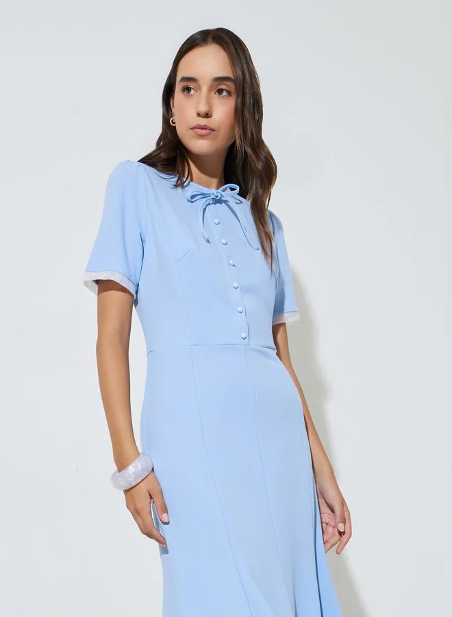 تايك تو Blue Solid A-Line Midi Dress