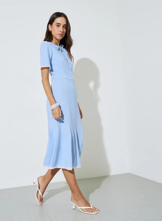 تايك تو Blue Solid A-Line Midi Dress