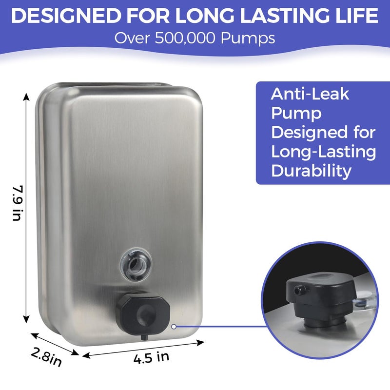 Stardrix Heavy Duty Stainless Steel Wall Mount Soap Dispenser, 1100ml/37oz, with Corrosion Proof Lining and Anti-Leak Pump for Commercial & Home Bathroom Kitchen(Vertical) - Image 3