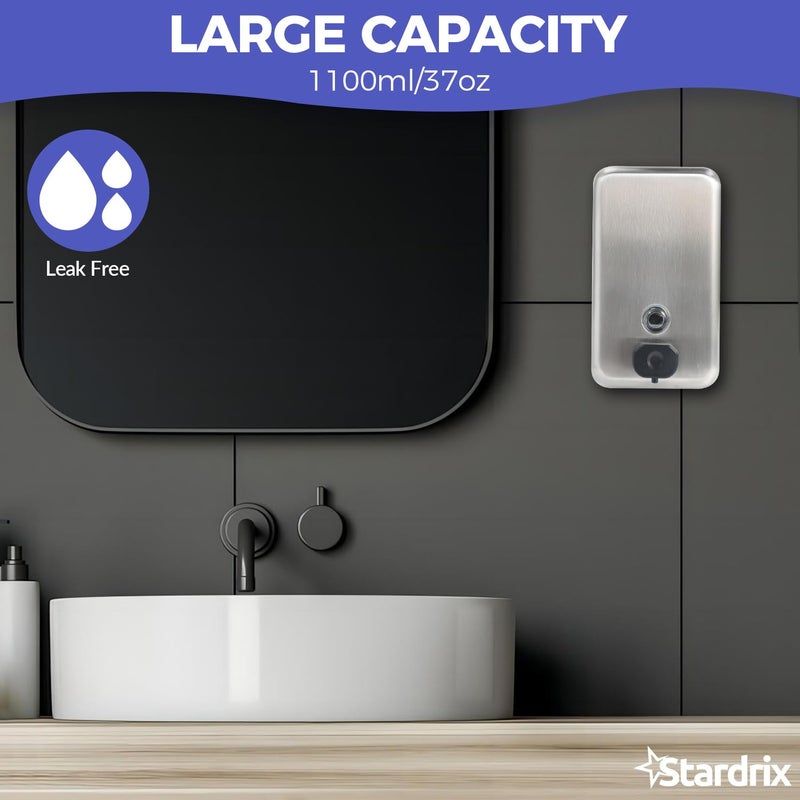 Stardrix Heavy Duty Stainless Steel Wall Mount Soap Dispenser, 1100ml/37oz, with Corrosion Proof Lining and Anti-Leak Pump for Commercial & Home Bathroom Kitchen(Vertical) - Image 2