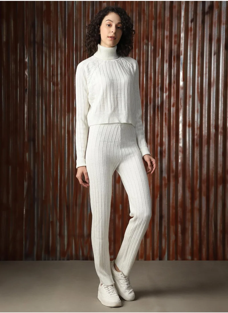 HIGH STAR Women's Off White 100% Acrylic Solid Full Length Casual Co-Ords