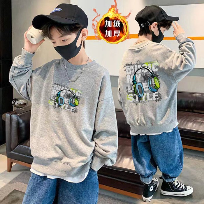 Children'S Stylish Round-Neck Pure Cotton Sweatshirt, 2025 Fleece-Lined Loose And Versatile Trendy Top For Older Kids - Image 1
