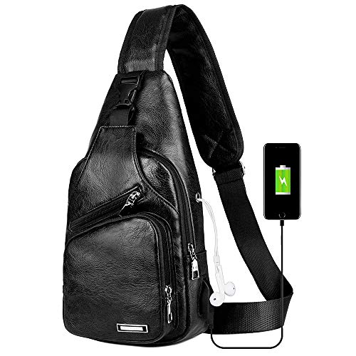 Peicees Leather Sling Bag Mens Crossbody Bag Chest Bag Sling Backpack for Men with USB Charge Port - Image 1