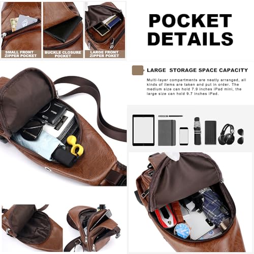 Peicees Leather Sling Bag Mens Crossbody Bag Chest Bag Sling Backpack for Men with USB Charge Port - Image 4