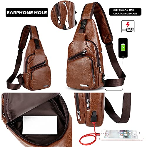 Peicees Leather Sling Bag Mens Crossbody Bag Chest Bag Sling Backpack for Men with USB Charge Port - Image 3