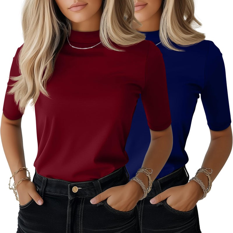 Ficerd 2 Pack Womens Mock Turtleneck T Shirts Half Sleeve Business Casual Tunic Tops Slim Fit Summer Basic Dressy Tee ShirtSmallNavy BlueWine Red