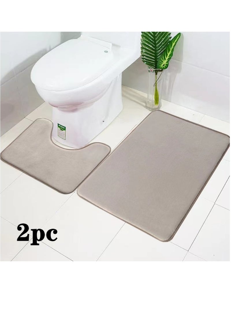 Kutis 2-Pieces Solid Color Toilet Floor Mat Set Absorbent Non-Slip Bathroom Mat Polyester Beige 80x50cm And 50x40cm  - Image 1
