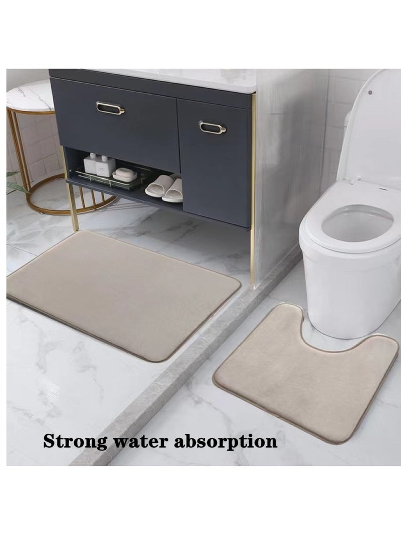 Kutis 2-Pieces Solid Color Toilet Floor Mat Set Absorbent Non-Slip Bathroom Mat Polyester Beige 80x50cm And 50x40cm  - Image 2
