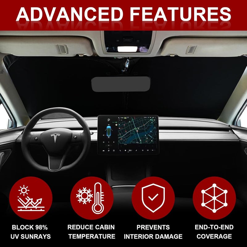واقي الشمس للزجاج الأمامي للسيارة لطراز Tesla Model Y/3 - غطاء قابل للطي للزجاج الأمامي مع قماش محسّن للحماية من الأشعة فوق البنفسجية، إكسسوارات احترافية لـ Tesla Model 3/Y من 2016 إلى 2026 مع حقيبة تخزين - Image 2