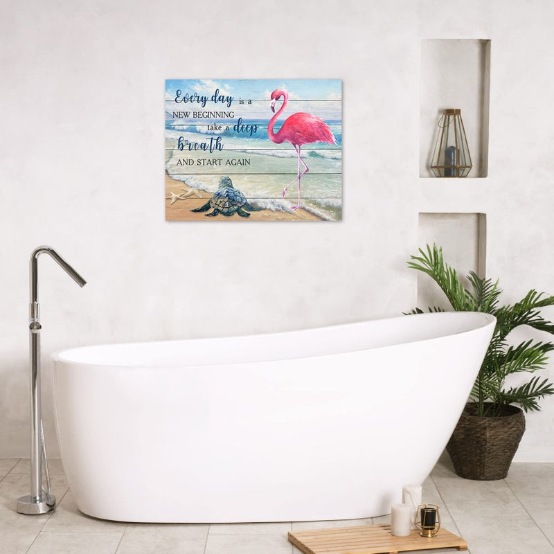 LB Tropical Ocean Wall Art Pink Flamingo Sea Turtle Coastal Beach Framed Canvas Wall Art for Living Room Inspirational Farmhouse Wood Prints Pictures for Bathroom Bedroom Dorm Wall Decor 16x12 inches - Image 2