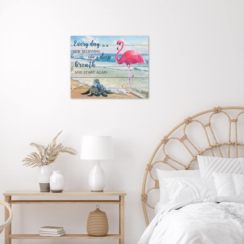 LB Tropical Ocean Wall Art Pink Flamingo Sea Turtle Coastal Beach Framed Canvas Wall Art for Living Room Inspirational Farmhouse Wood Prints Pictures for Bathroom Bedroom Dorm Wall Decor 16x12 inches - Image 3