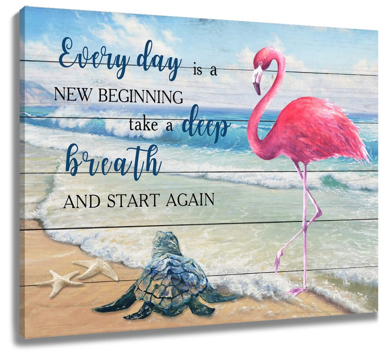 LB Tropical Ocean Wall Art Pink Flamingo Sea Turtle Coastal Beach Framed Canvas Wall Art for Living Room Inspirational Farmhouse Wood Prints Pictures for Bathroom Bedroom Dorm Wall Decor 16x12 inches - Image 1