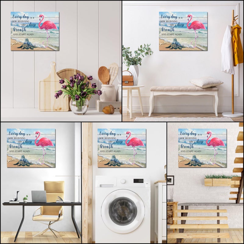 LB Tropical Ocean Wall Art Pink Flamingo Sea Turtle Coastal Beach Framed Canvas Wall Art for Living Room Inspirational Farmhouse Wood Prints Pictures for Bathroom Bedroom Dorm Wall Decor 16x12 inches - Image 4
