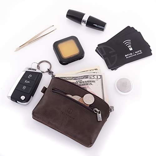 Trusador Milano Women Men Leather Coin Card Key Ring Wallet Pouch Purse Zipper Change Bag (Brown) - Image 5