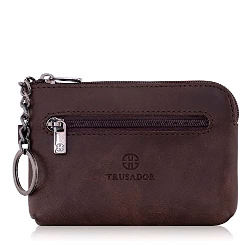 Trusador Milano Women Men Leather Coin Card Key Ring Wallet Pouch Purse Zipper Change Bag (Brown) - Image 1