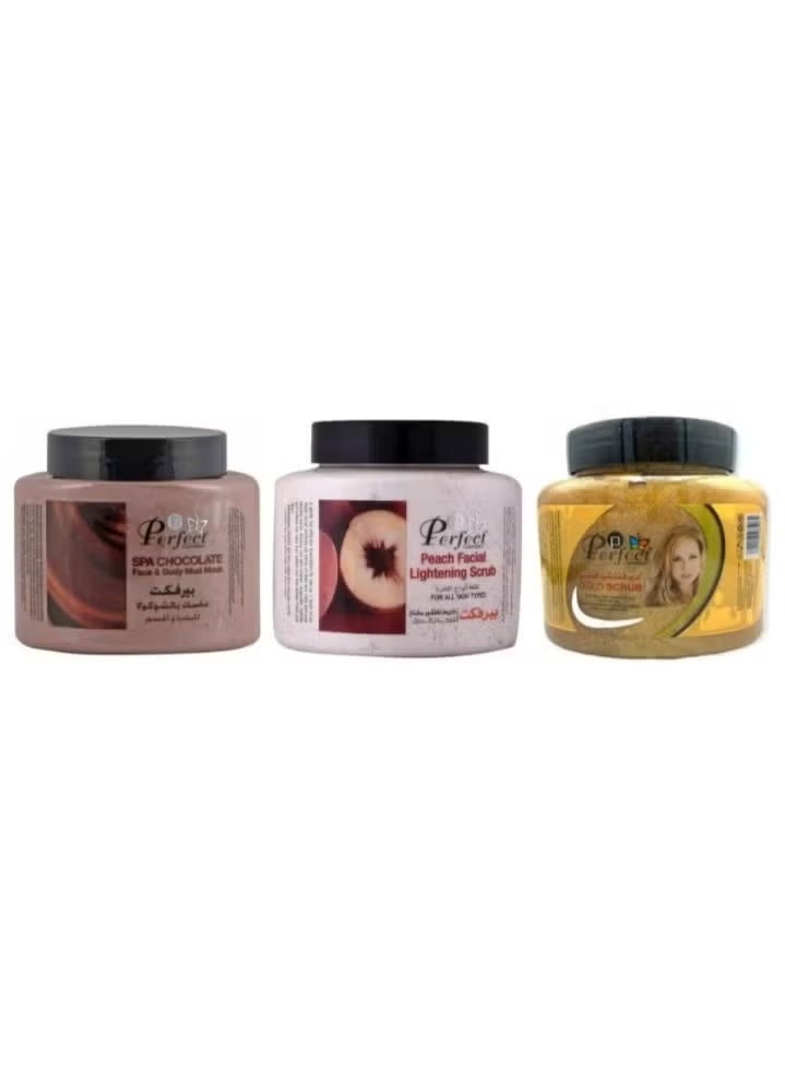برفكت قناع طين الوجه والجسم بنكهة الشوكولاتة  ٥٠٠ مل , برفكت  مقشر الوجه  بخلاصة الخوخ ٥٠٠ مل بالإضافة إلى برفكت مقشر الذهب  ٥٠٠ مل - Image 1
