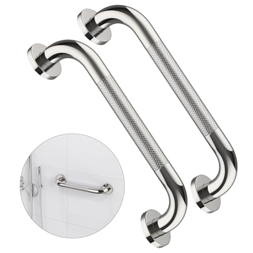 ZUEXT 2 Pack 12 Inch Anti Slip Shower Grab Bar Handle, ZUEXT Chrome Stainless Steel Bathroom Grab Bar, Knurled Bathroom Balance Bar,Safety Hand Rail Support,Handicap Elderly Injury Senior Assist Bath Handle - Image 1