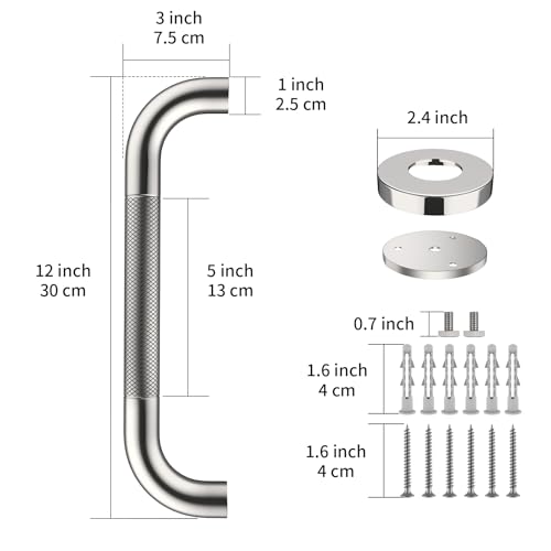 ZUEXT 2 Pack 12 Inch Anti Slip Shower Grab Bar Handle, ZUEXT Chrome Stainless Steel Bathroom Grab Bar, Knurled Bathroom Balance Bar,Safety Hand Rail Support,Handicap Elderly Injury Senior Assist Bath Handle - Image 2