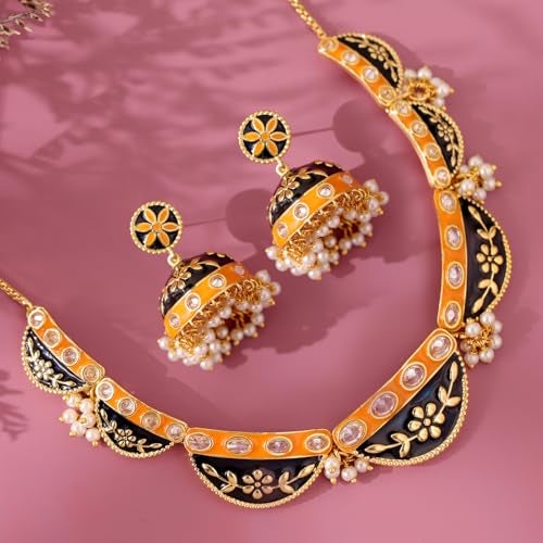 VOYLLA Gota Patti Jaipuri Shringar Necklace Set For Women, Gold Jewellery Set, Gift For Women & Girls, Enamelled Jewellery, Festive, Puja, Wedding, Gifting - Image 2