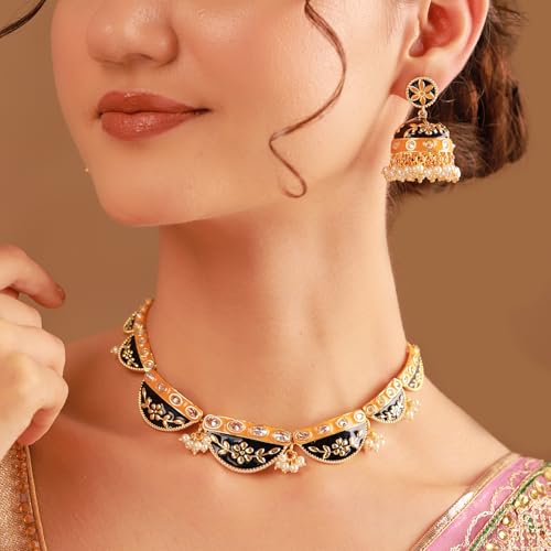 VOYLLA Gota Patti Jaipuri Shringar Necklace Set For Women, Gold Jewellery Set, Gift For Women & Girls, Enamelled Jewellery, Festive, Puja, Wedding, Gifting - Image 3