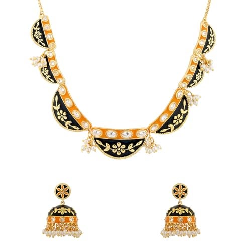 VOYLLA Gota Patti Jaipuri Shringar Necklace Set For Women, Gold Jewellery Set, Gift For Women & Girls, Enamelled Jewellery, Festive, Puja, Wedding, Gifting - Image 1