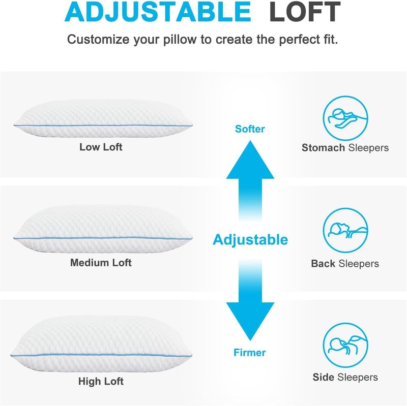 VVZ Cooling Bed Pillows Queen Size Set of 2, Shredded Memory Foam Pillows for Side Back Stomach Sleepers, Luxury Cool Gel Adjustable Firm Bed Pillows for Sleeping 2 Pack Queen Size 20 x 30 Inches - Image 4