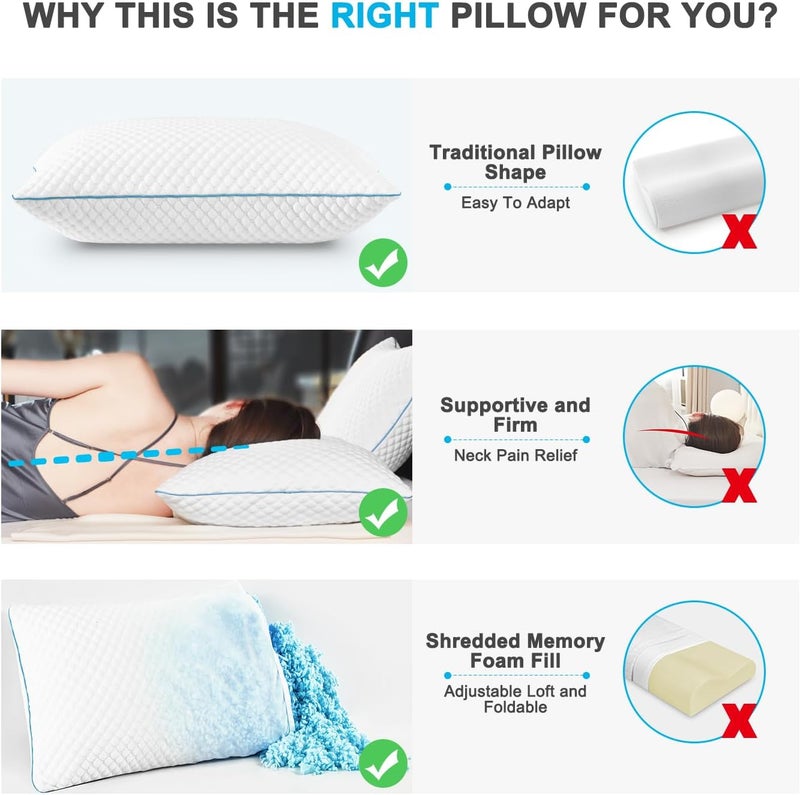 VVZ Cooling Bed Pillows Queen Size Set of 2, Shredded Memory Foam Pillows for Side Back Stomach Sleepers, Luxury Cool Gel Adjustable Firm Bed Pillows for Sleeping 2 Pack Queen Size 20 x 30 Inches - Image 3