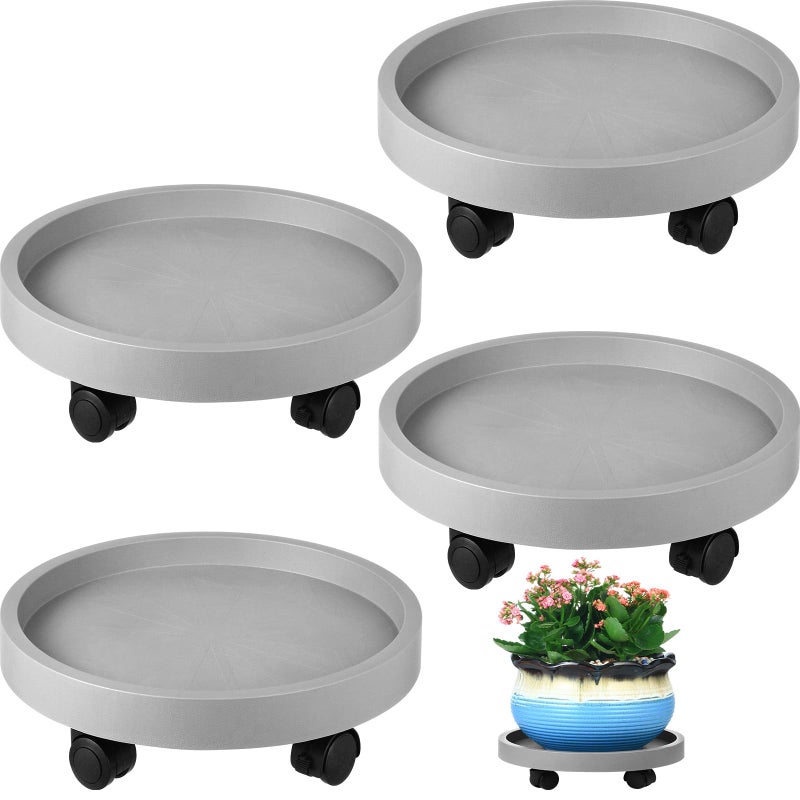 Planterhoma 4 Packs Plant Caddy with Wheels 12" Plant Stand Potted Plant Mover Heavy Duty Plant Dolly with Casters for Indoor and Outdoor Large Plant Roller Base Rolling Plant Dolly, Grey - Image 1