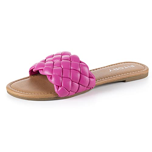 FITORY Womens Flat Sandals Fashion Round Open Toe Slip On Slides with Braided Strap Slippers for Summer Size 8 Pink - Image 1