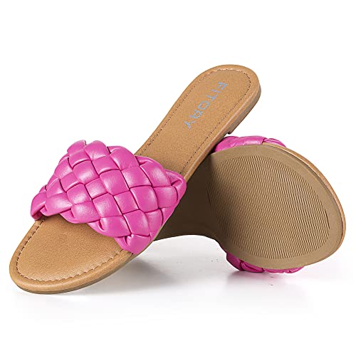 FITORY Womens Flat Sandals Fashion Round Open Toe Slip On Slides with Braided Strap Slippers for Summer Size 8 Pink - Image 5