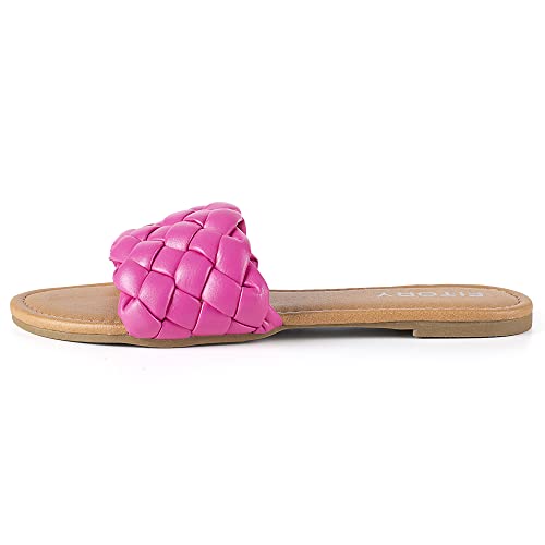 FITORY Womens Flat Sandals Fashion Round Open Toe Slip On Slides with Braided Strap Slippers for Summer Size 8 Pink - Image 4