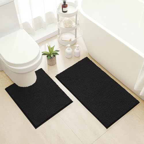 HOMEIDEAS Bathroom Rugs Set 2 Pieces Ultra Soft Non Slip Absorbent Chenille Toilet Bath Mat Set Black