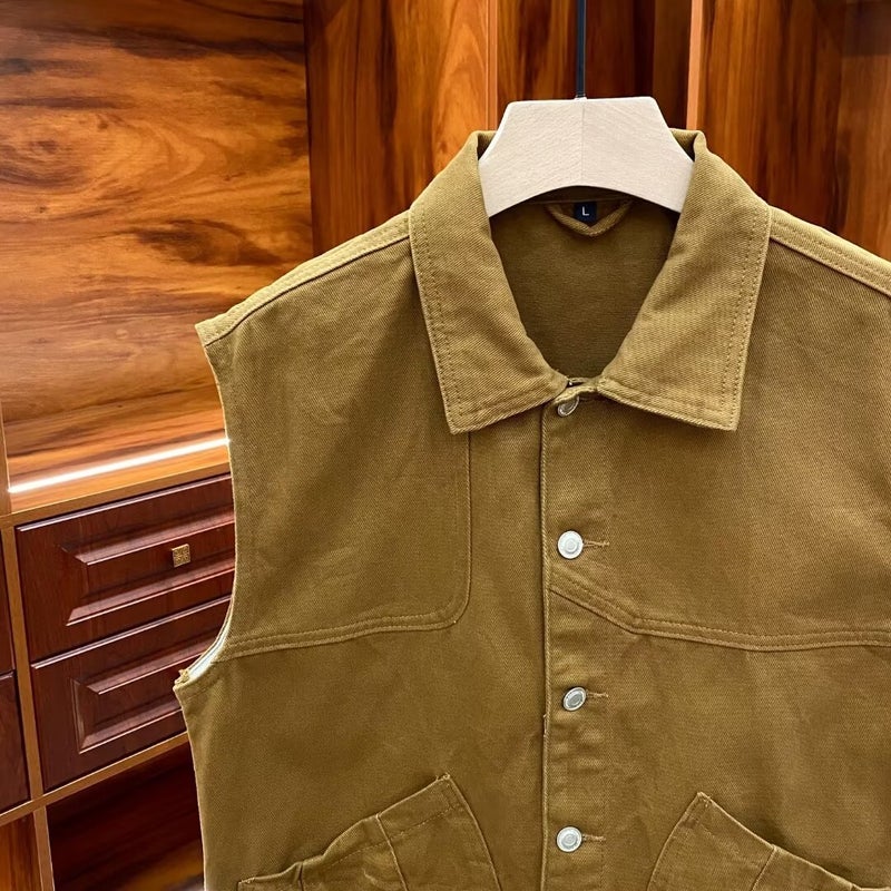 Ami Khaki Crock Denim Jacket Men'S Loose Handsome Sleeveless Vest Youth Casual Vest Coat Fashion - Image 5