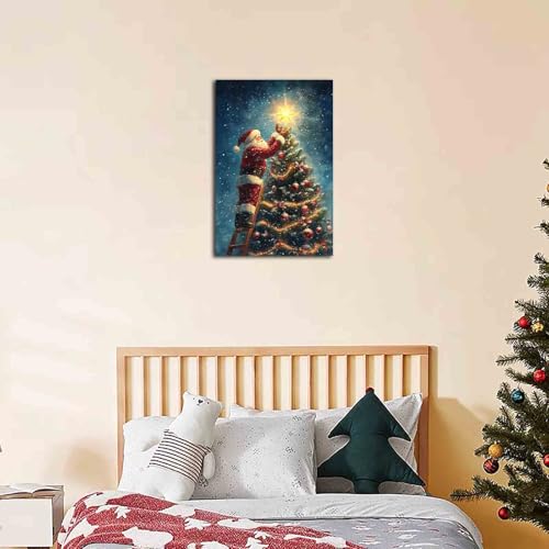 NTEUMM Santa Claus and Christmas Tree Wall Art Canvas Printed Holiday Art Seasonal Decor 16x24 inch - Image 3
