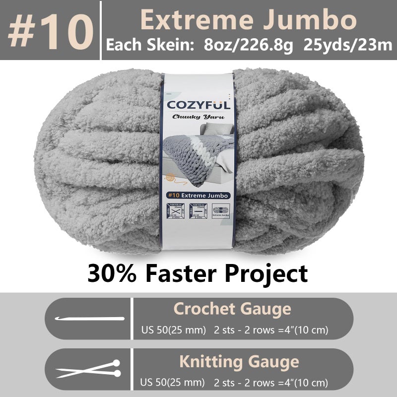 Cozyful Chunky Yarn for Hand Knitting - #10 Chunky Chenille Yarn, Jumbo Big Thick Chunky Yarns for Crocheting, Super Bulky Chunky Knit Blanket Yarns, 8 Skein (25 yds 8 oz Each Skein), Light Grey - Image 2