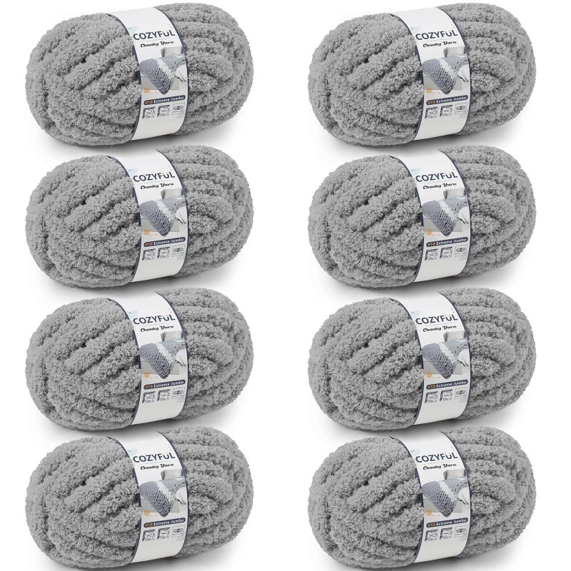 Cozyful Chunky Yarn for Hand Knitting - #10 Chunky Chenille Yarn, Jumbo Big Thick Chunky Yarns for Crocheting, Super Bulky Chunky Knit Blanket Yarns, 8 Skein (25 yds 8 oz Each Skein), Light Grey - Image 1