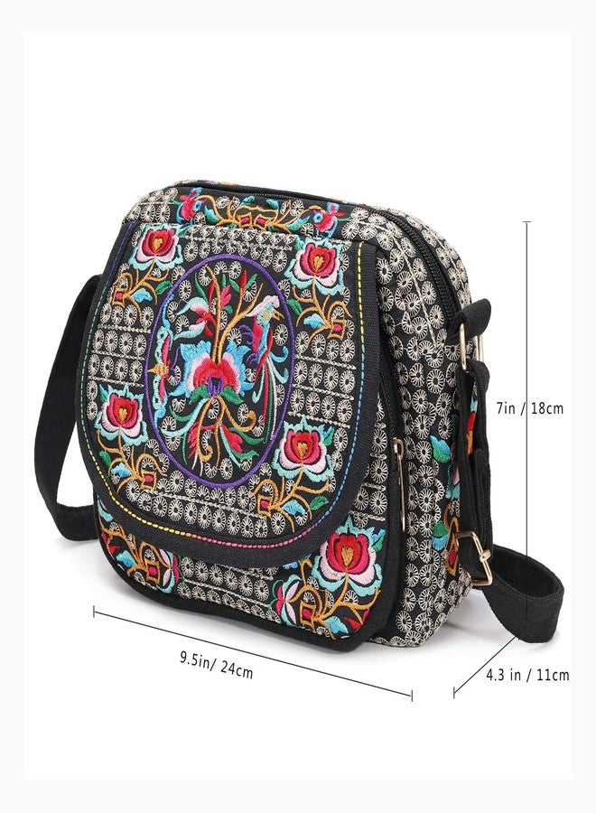 SILKAREA Vintage Embroidery 6.5" Canvas 3 zip Small Crossbody Bag Cell Phone Pouch Wallet Bag Coin Purse for Women (Black Large) - Image 3